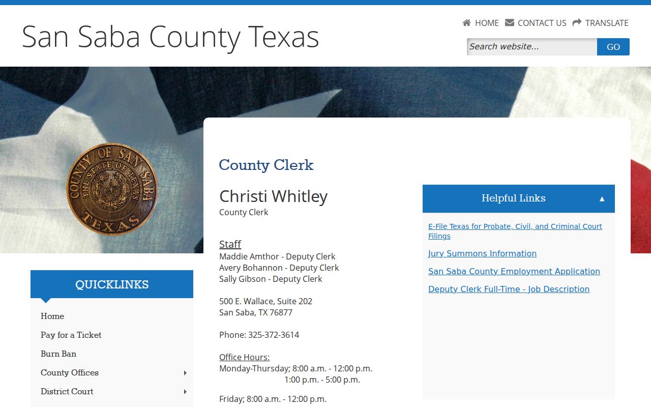 San Saba County warrant records request: County Clerk information without private case details