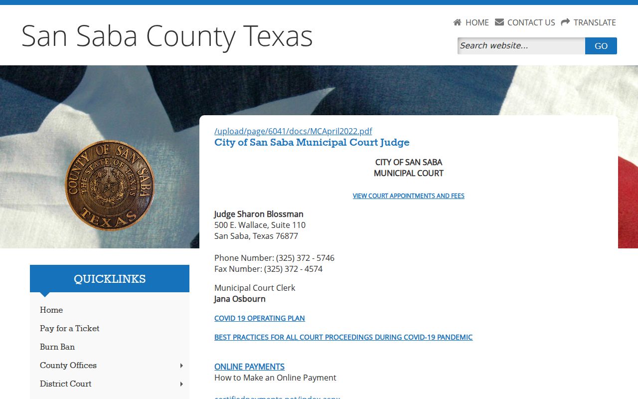 San Saba County municipal warrant route: official city court payment interface without a live citation