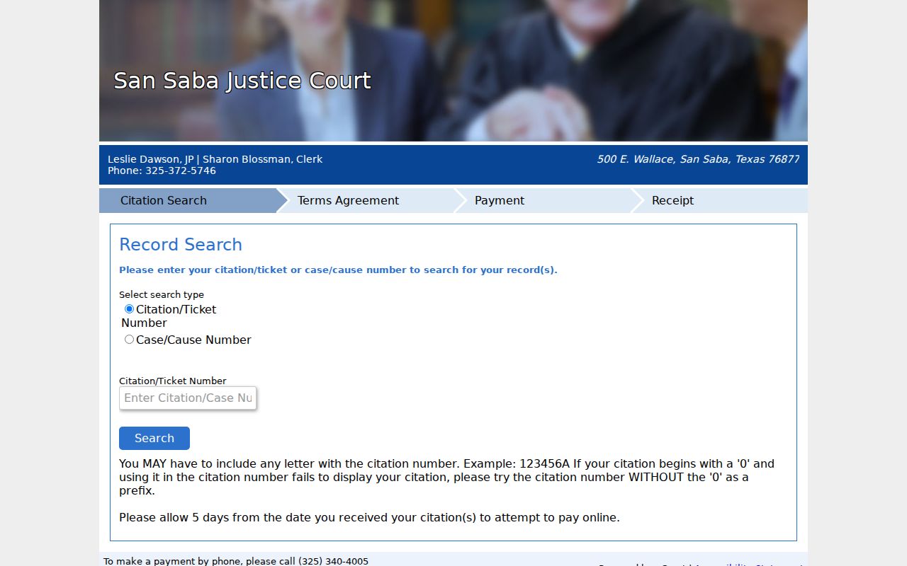 San Saba County traffic warrant records: blank Justice Court citation and case fields